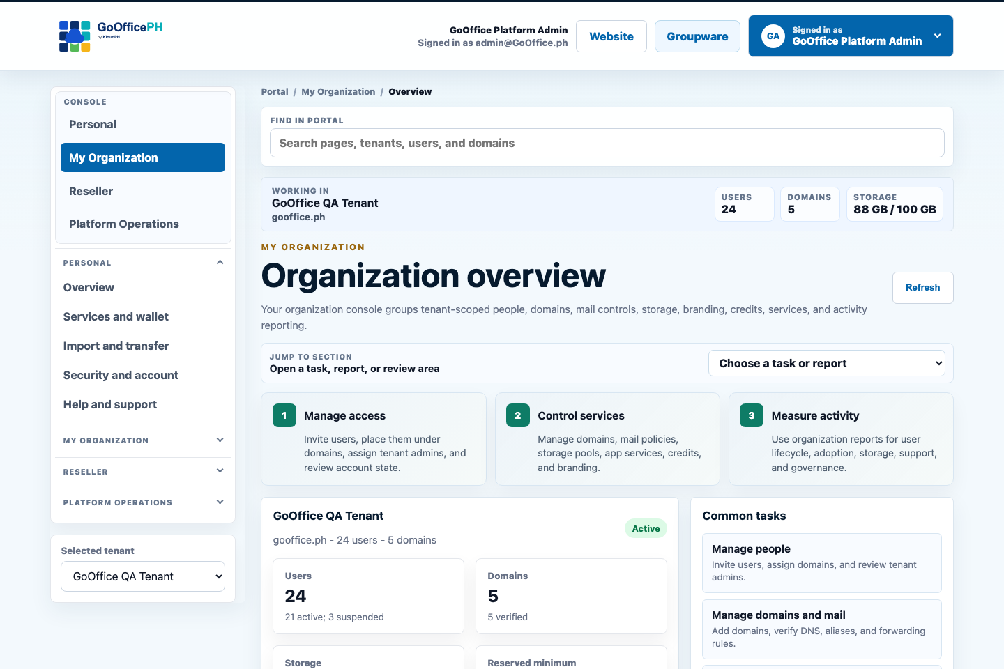 GoOfficePH organization administration with users, domains, services, storage, security, and reports